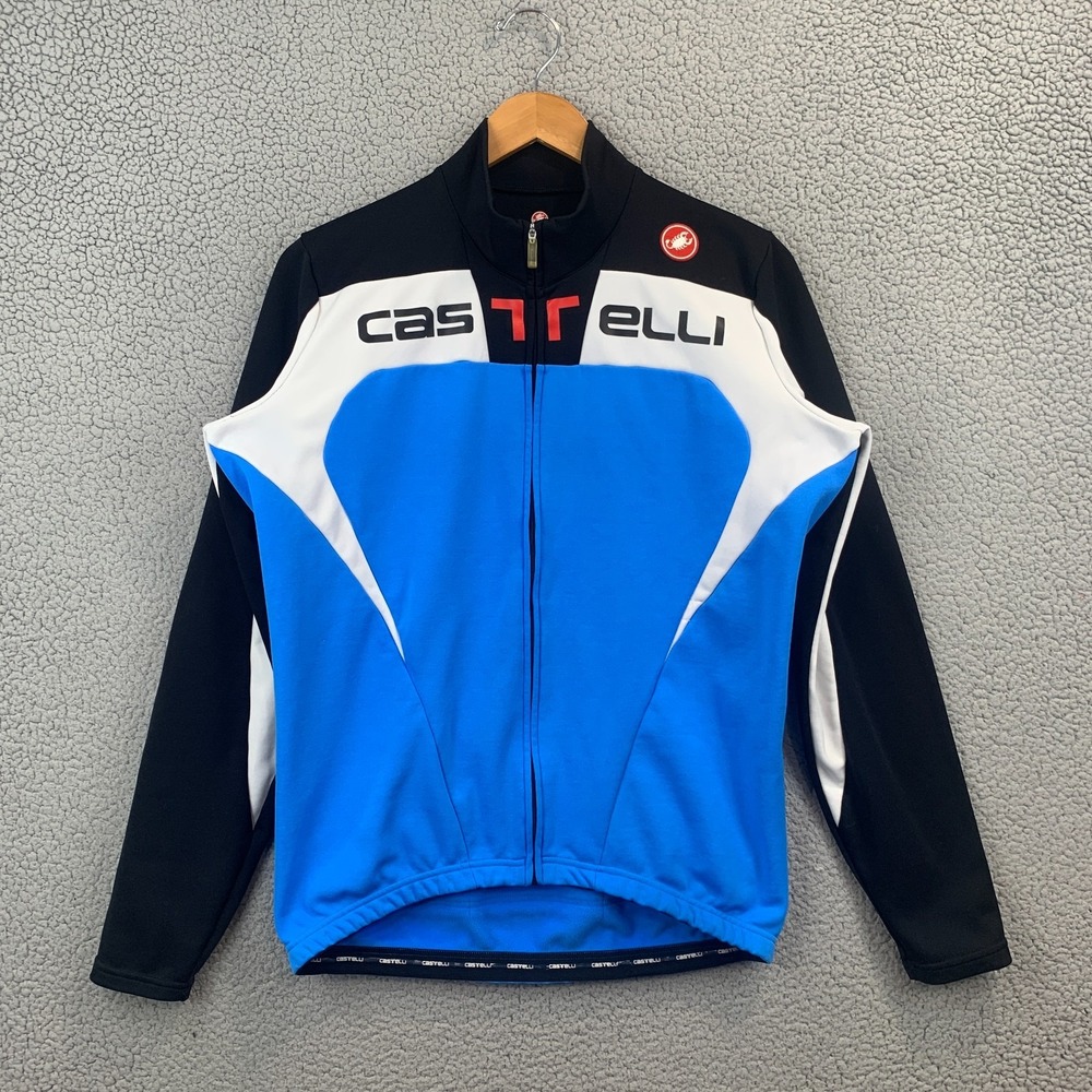 Castelli Cycling Jacket Mens 2XL Blue White Full Zip Long Sleeve Rear Pockets